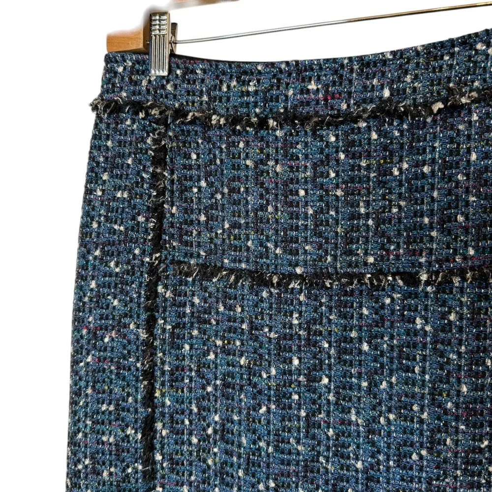 Tory Burch Tweed Pencil Skirt Blue Fringe‎ Trim Knee Length Wool Blend size 4